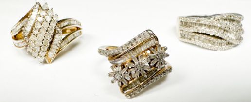 Three various diamond set silver rings, estimated total diamond weight 2.50cts, rings weigh a