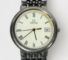 A stainless steel Omega De Ville quartz wristwatch, C.1990’s, the white enamel dial with Roman