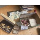 Collectables : Box of mixed coins, bank notes jewe