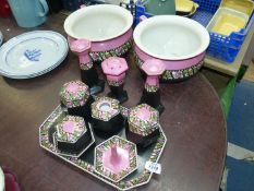 A vintage Dressing table set with tray, pair of candlesticks (one a/f), pin trays, hat pin holder,