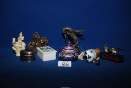 A small quantity of miscellaneous including two metal magpies, bare back riding figure,