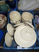 Six Barnstaple pottery soup Bowls with lids and saucers (all with some damage/crazing).