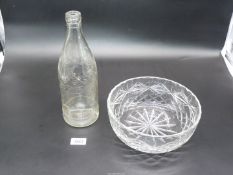 A cut glass trifle bowl and an old lemonade bottle marked Saxon & Co, Brynmawr.
