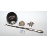 A small quantity of silver items including button Hook with silver handle, Birmingham,