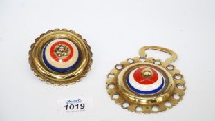 A pair of 19th c. horse brasses with large red, white and blue enamel roundels.