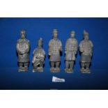 Five terracotta warriors, two a/f, 5 1/2"- 6" tall.