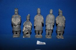 Five terracotta warriors, two a/f, 5 1/2"- 6" tall.