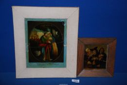 Two framed glass prints, one of Judus betraying Christ, plus one other, the largest 14 1/2" x 12",