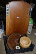 A small quantity of treen including a fire screen, tray, barometer in ship wheel, and wooden bowl.