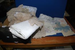 A box of linen, lace crochet and embroidery, etc.