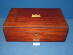 A Victorian Mahogany writing slope with brass inlaid lozenge, a/f., 14" x 4 1/2" x 9".
