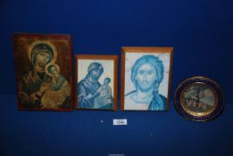 Three Prints of religious Icons on blocks of wood and a circular,