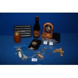 A quantity of miscellanea including a bottle of Coronation ale, wooden lighter,