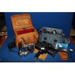 A quantity of cameras and camcorders, etc including a Zenit-e film camera, Rankaldis ES10 flash,