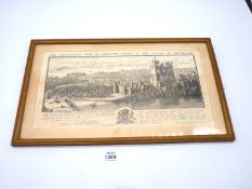 A framed etching of the North-East view of Chepstow castle, dated 1732, 17 1/2" x 10 1/2".