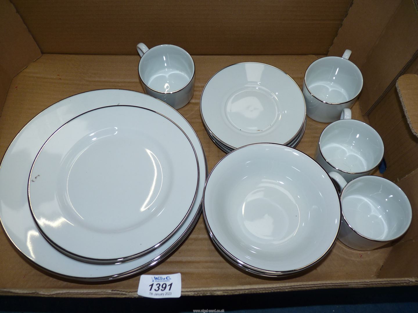 A quantity of Royal Worcester Classic Platinum, silver rimmed china; four dinner plates,