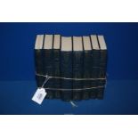 Eight blue leather tooled Books with silk bookmarks, various authors including Jane Austen, R.