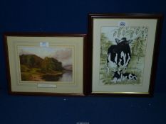 A framed and mounted Kathryn Harvey print of a Friesian cow and calf,