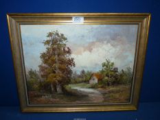 A framed Oil on canvas depicting a barn amongst trees, signed lower left 'Gatland',