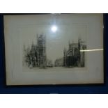A black and white Etching of the Houses of Parliament by Fred A.