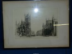 A black and white Etching of the Houses of Parliament by Fred A.