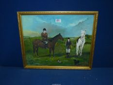A framed Oil painting depicting two horses and riders with two dogs, signed 'K.J. Stubbs 1984'.