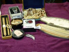 A quantity of jewellery including faux pearl necklaces, paua shell brooch, boxed Kelia ladies watch,