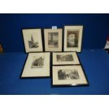 Six framed black and white Etchings of Bruges, signed lower right E.