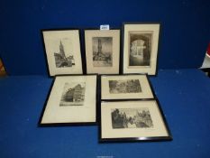 Six framed black and white Etchings of Bruges, signed lower right E.