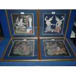 Four framed Thai prints on fabric of Temple rubbings.