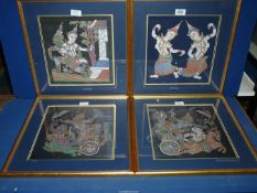Four framed Thai prints on fabric of Temple rubbings.