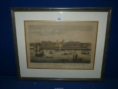 A framed and mounted coloured engraving of the River Thames at Greenwich having the Royal Hospital