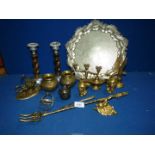 Miscellaneous brass and plated items including a toasting fork, letter rack, candlesticks etc.