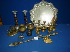 Miscellaneous brass and plated items including a toasting fork, letter rack, candlesticks etc.