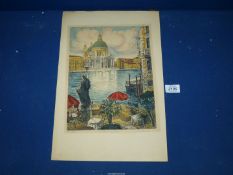 A coloured Etching indistinctly signed in pencil, title Vienna(?), sheet 28 cm x 41 cm.