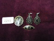 Two silver and black enamel ornate Niello brooches stamped Sterling Siam plus a pair of Jet style