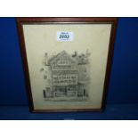 A framed Pencil sketch depicting a old Tudor shop. Initialed lower right J.D 1830.