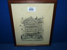 A framed Pencil sketch depicting a old Tudor shop. Initialed lower right J.D 1830.