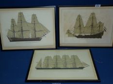 Three black and white Prints of sailing boats; Dutch ship, Swedish East India,