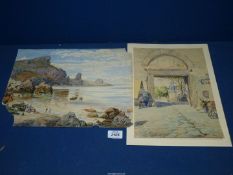A Watercolour of a coastal scene with damage to edges, 38 cm x 27 cm and another of a gateway,