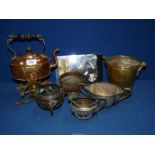 A quantity of metals including brass and copper spirit kettle, brass bucket,