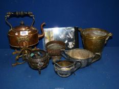 A quantity of metals including brass and copper spirit kettle, brass bucket,