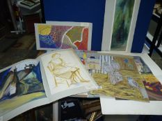 A large quantity of unframed 20th century Watercolours and pastels including children's artwork