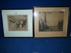 Two old Etchings 'Brussels Market' signed and unsigned medieval landscape with bridge and castle.