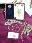 A quantity of silver including a silver Albert watch chain, bracelet, rings, mouse earrings, etc.