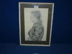 A pencil drawing by J. Greenwood, titled verso 'Girl in Black Leather Jacket'.