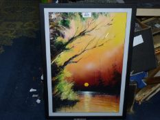 A modern framed and mounted mixed media depicting a river scene at sunset, no visible signature,
