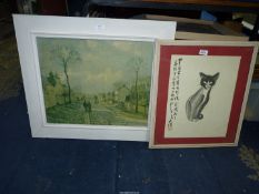A framed Chinese print of a Cat, along with a framed Picasso print on board.
