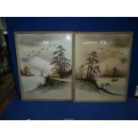 A pair of Japanese watercolours depicting river Landscapes with Mount Fuji in the distance,