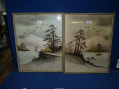 A pair of Japanese watercolours depicting river Landscapes with Mount Fuji in the distance,